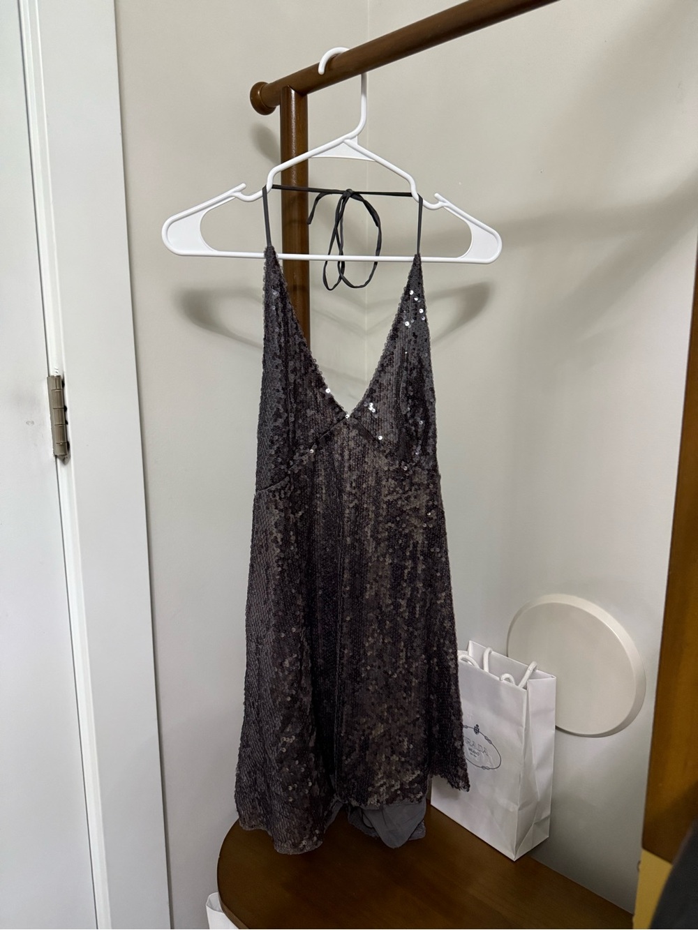 Oh Polly Charcoal Sequin Strapless Slip Dress